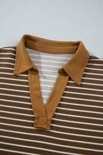 Load image into Gallery viewer, Brown Stripe Colorblock Detail Collar V Neck Plus Size Long Sleeve Top