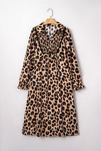 Load image into Gallery viewer, Brown Leopard Print Smocked Detail Flowy Midi Dress