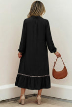 Load image into Gallery viewer, Black Collared V Neck Smocked Detail Contrast Leopard Trim Bracelet Sleeve Long Dress