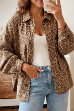 Load image into Gallery viewer, Khaki Leopard Print Collar Long Sleeve Patch Pocket Shift Denim Jacket