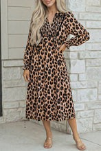 Load image into Gallery viewer, Brown Leopard Print Smocked Detail Flowy Midi Dress