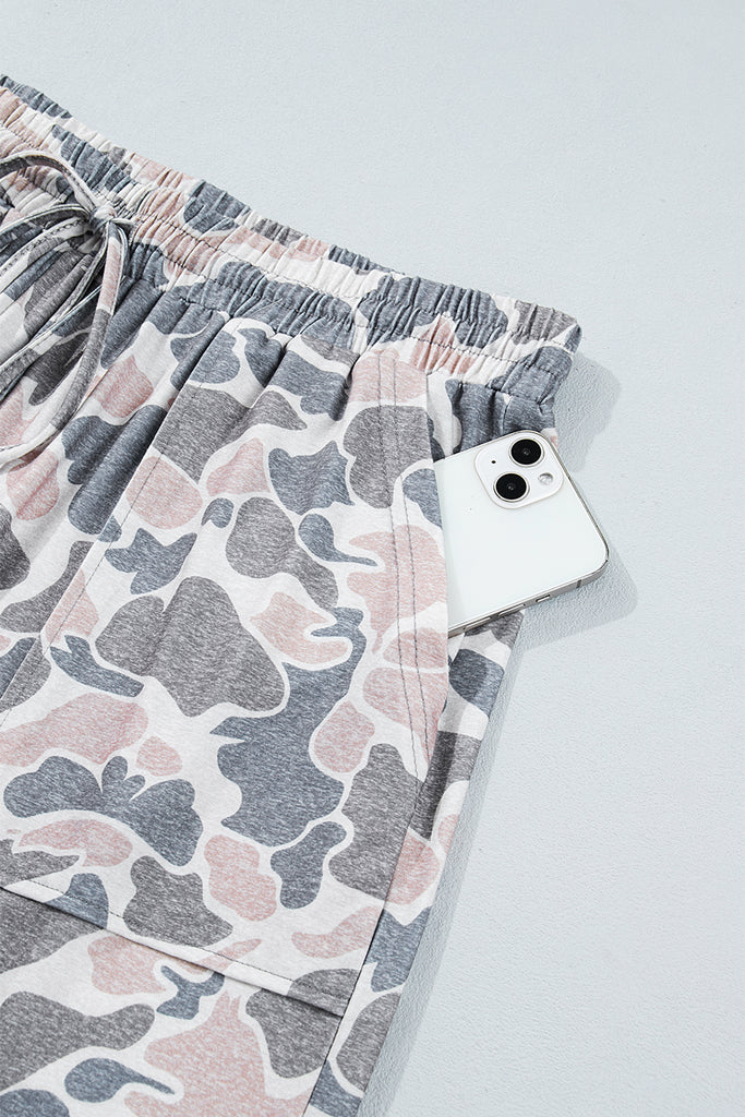Khaki Camouflage Print Patch Pockets Ankle-Length Plus Size Pants