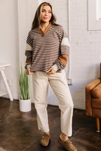 Load image into Gallery viewer, Brown Stripe Collar V Neck Color Block Detail Long Sleeve Pullover Top
