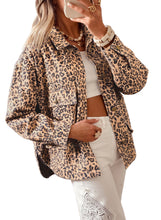 Load image into Gallery viewer, Khaki Leopard Print Collar Long Sleeve Patch Pocket Shift Denim Jacket