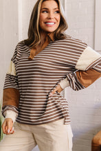 Load image into Gallery viewer, Brown Stripe Collar V Neck Color Block Detail Long Sleeve Pullover Top