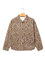 Load image into Gallery viewer, Khaki Leopard Print Collar Long Sleeve Patch Pocket Shift Denim Jacket