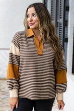 Load image into Gallery viewer, Brown Stripe Colorblock Detail Collar V Neck Plus Size Long Sleeve Top