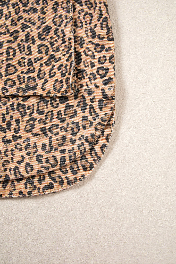 Khaki Leopard Print Collar Long Sleeve Patch Pocket Shift Denim Jacket