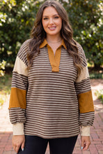 Load image into Gallery viewer, Brown Stripe Colorblock Detail Collar V Neck Plus Size Long Sleeve Top