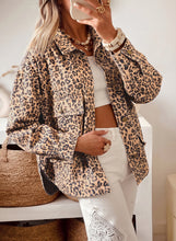 Load image into Gallery viewer, Khaki Leopard Print Collar Long Sleeve Patch Pocket Shift Denim Jacket