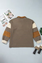 Load image into Gallery viewer, Brown Stripe Colorblock Detail Collar V Neck Plus Size Long Sleeve Top