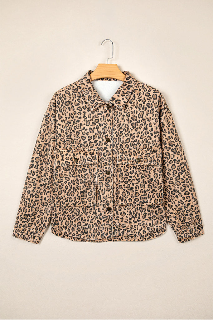 Khaki Leopard Print Collar Long Sleeve Patch Pocket Shift Denim Jacket