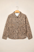 Load image into Gallery viewer, Khaki Leopard Print Collar Long Sleeve Patch Pocket Shift Denim Jacket