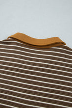 Load image into Gallery viewer, Brown Stripe Colorblock Detail Collar V Neck Plus Size Long Sleeve Top