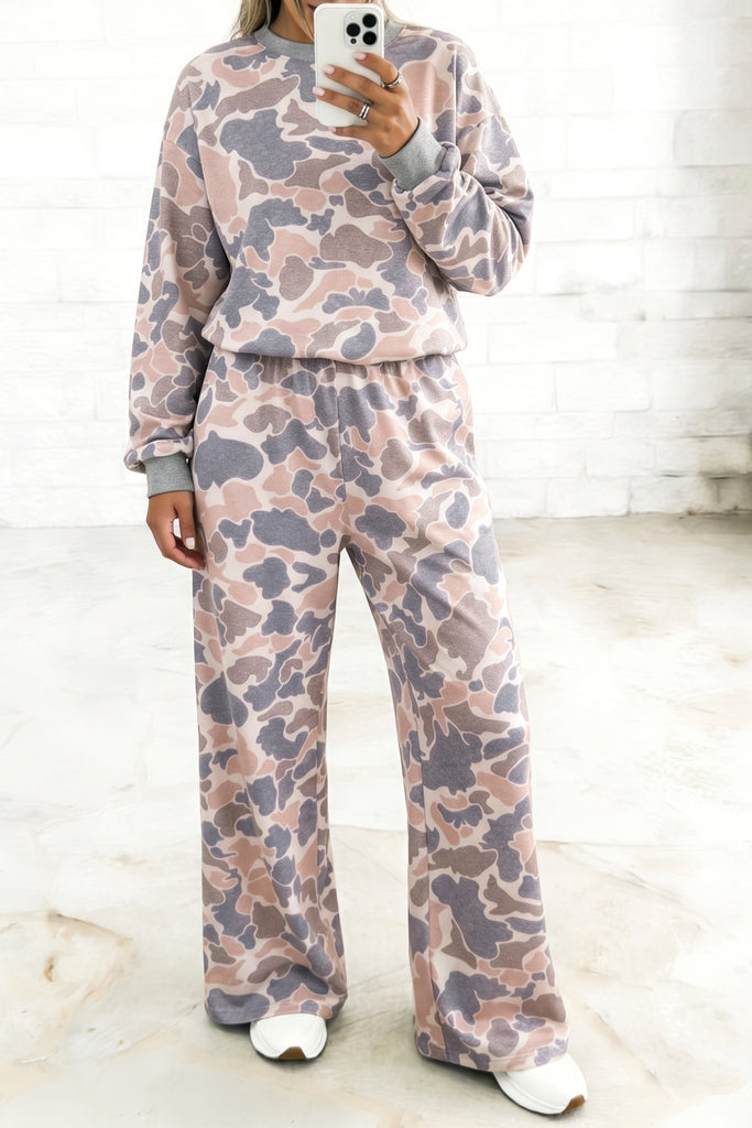Multicolour Camouflage Print Long Sleeve Top Loose 2pcs Pants Set