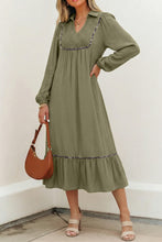 Load image into Gallery viewer, Black Collared V Neck Smocked Detail Contrast Leopard Trim Bracelet Sleeve Long Dress