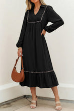 Load image into Gallery viewer, Black Collared V Neck Smocked Detail Contrast Leopard Trim Bracelet Sleeve Long Dress