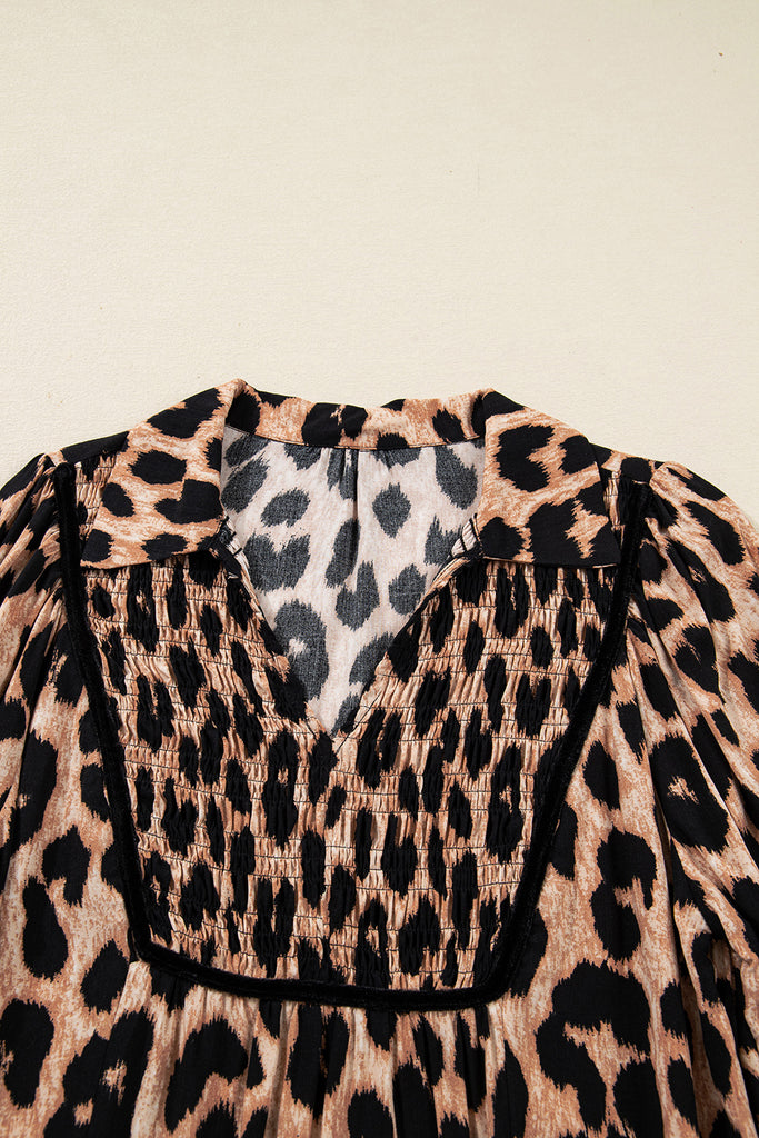 Brown Leopard Print Smocked Detail Flowy Midi Dress