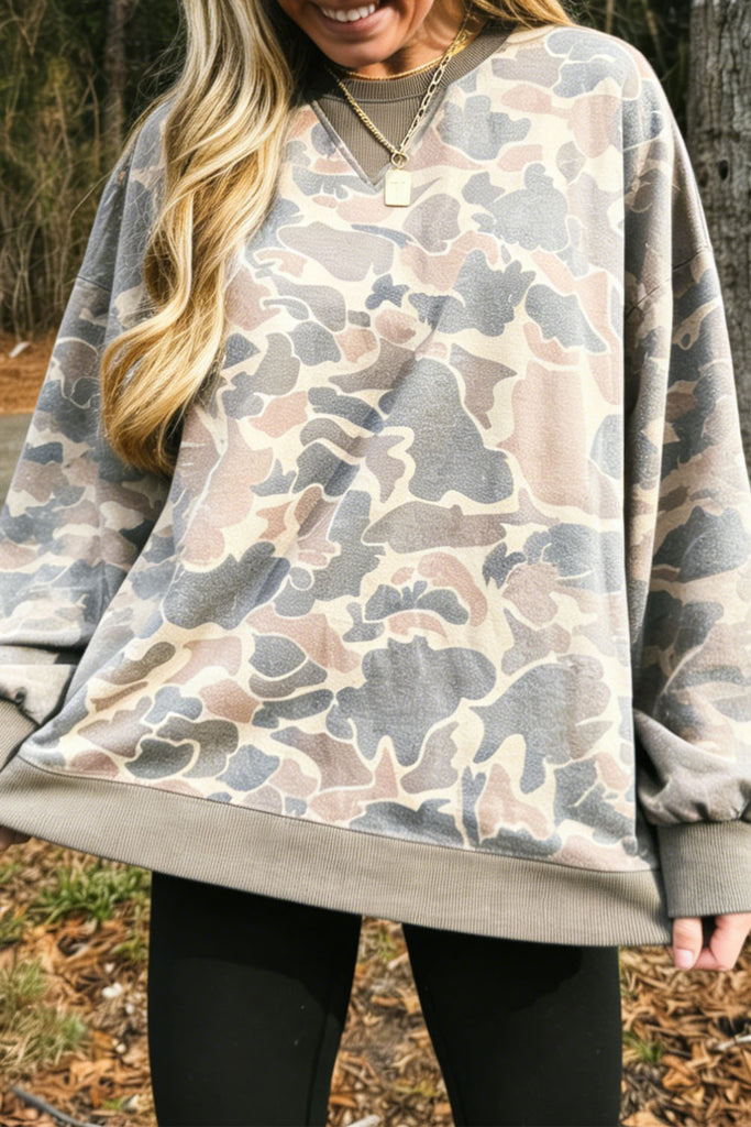 Multicolour Camo Print Ribbed Trim Casual Pullover Sweatshirt