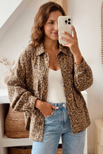 Load image into Gallery viewer, Khaki Leopard Print Collar Long Sleeve Patch Pocket Shift Denim Jacket