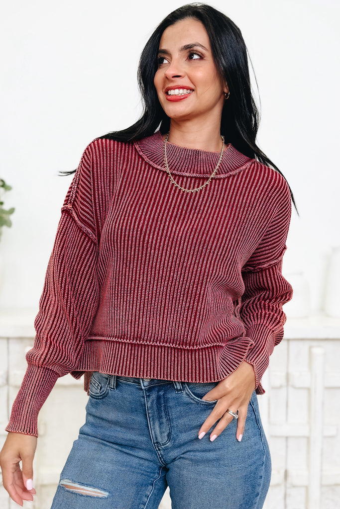 Red Dahlia Drop Shoulder High Neck Ribbed Sweater