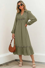Load image into Gallery viewer, Black Collared V Neck Smocked Detail Contrast Leopard Trim Bracelet Sleeve Long Dress