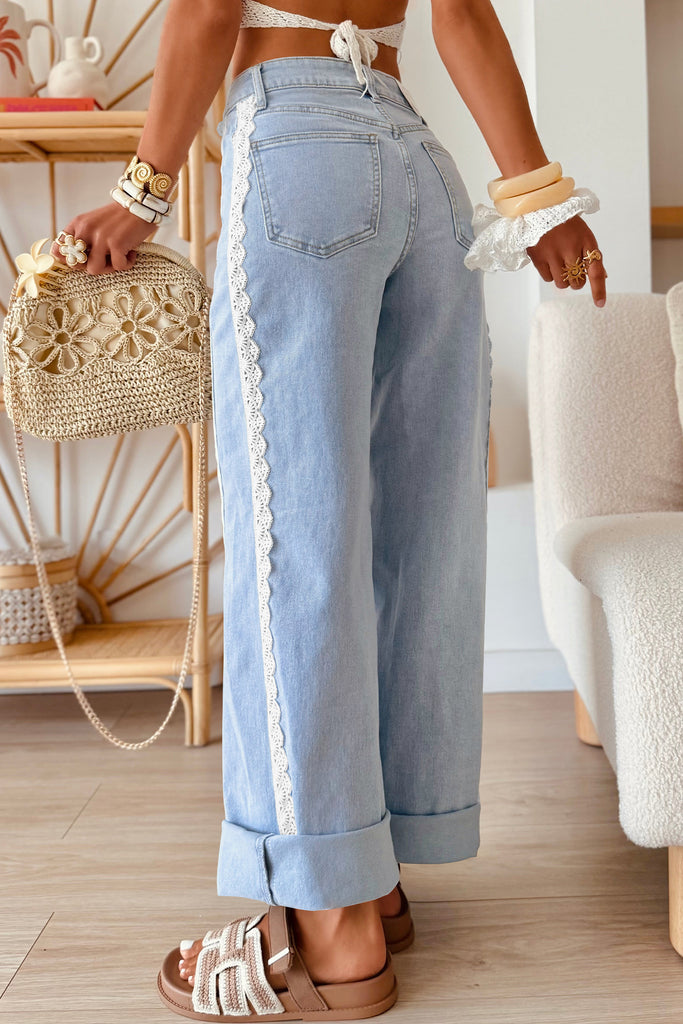 Beau Blue Lace Trim Casual Full-Length Regular Fit Jeans