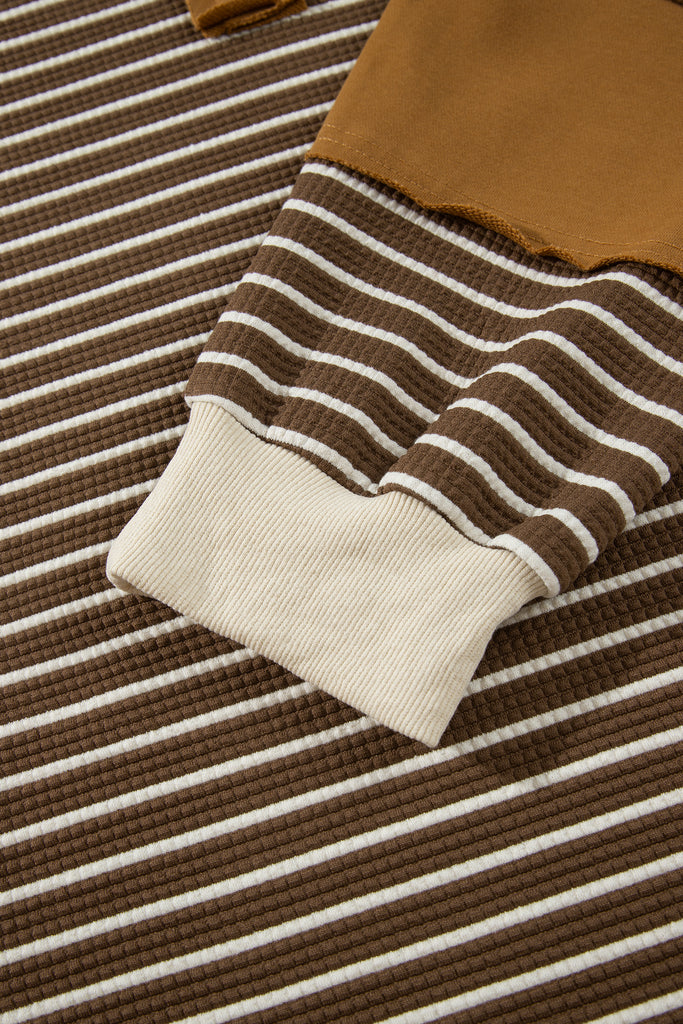 Brown Stripe Colorblock Detail Collar V Neck Plus Size Long Sleeve Top