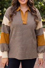 Load image into Gallery viewer, Brown Stripe Colorblock Detail Collar V Neck Plus Size Long Sleeve Top