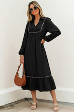 Load image into Gallery viewer, Black Collared V Neck Smocked Detail Contrast Leopard Trim Bracelet Sleeve Long Dress