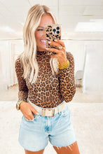 Load image into Gallery viewer, Brown Leopard Mock Neck Long Sleeve Mesh Top