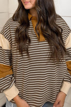 Load image into Gallery viewer, Brown Stripe Colorblock Detail Collar V Neck Plus Size Long Sleeve Top