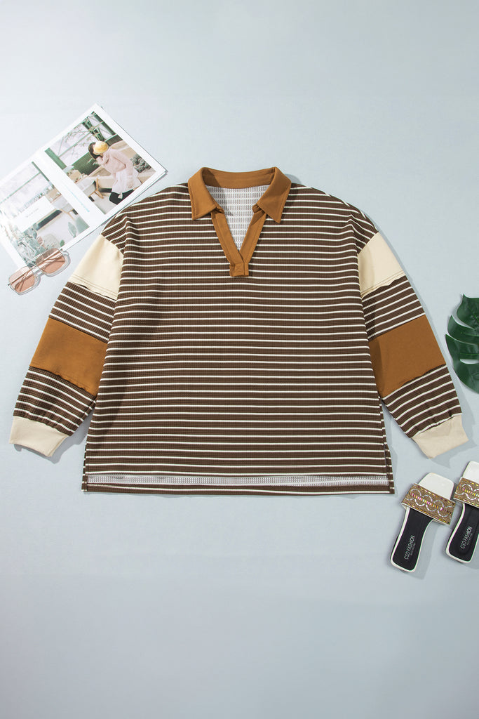 Brown Stripe Colorblock Detail Collar V Neck Plus Size Long Sleeve Top
