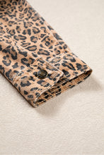 Load image into Gallery viewer, Khaki Leopard Print Collar Long Sleeve Patch Pocket Shift Denim Jacket