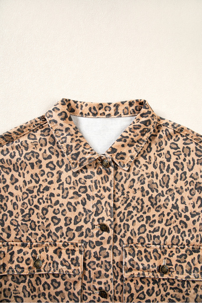 Khaki Leopard Print Collar Long Sleeve Patch Pocket Shift Denim Jacket