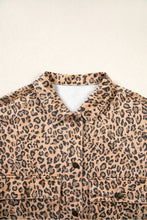 Load image into Gallery viewer, Khaki Leopard Print Collar Long Sleeve Patch Pocket Shift Denim Jacket