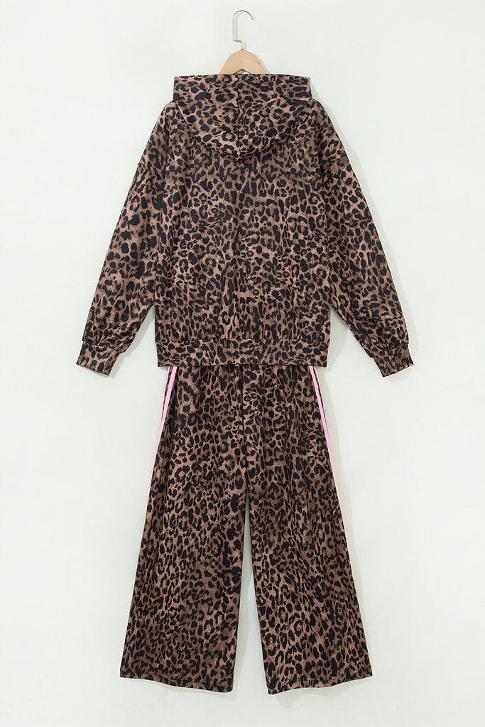 Brown Leopard Print Contrast Striped Detail Long Sleeve Top Pant Set