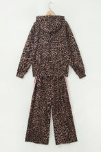 Load image into Gallery viewer, Brown Leopard Print Contrast Striped Detail Long Sleeve Top Pant Set