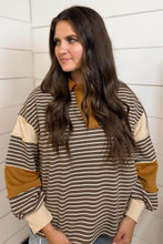 Load image into Gallery viewer, Brown Stripe Colorblock Detail Collar V Neck Plus Size Long Sleeve Top