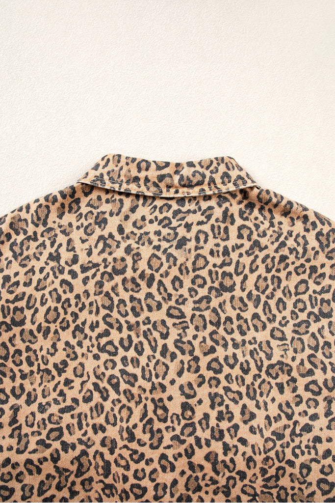 Khaki Leopard Print Collar Long Sleeve Patch Pocket Shift Denim Jacket