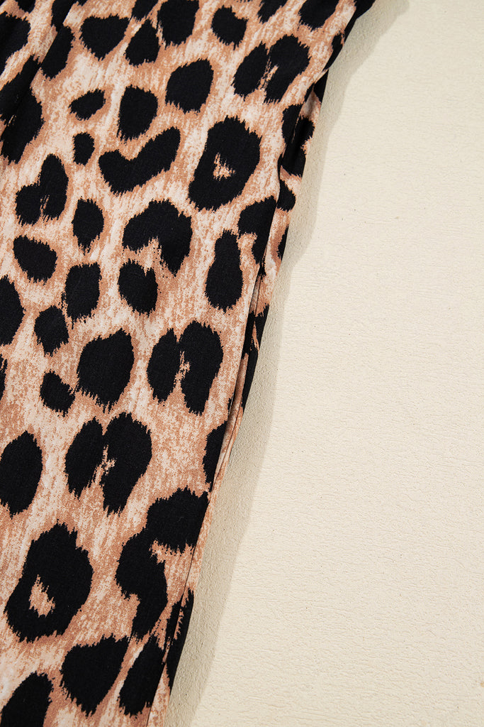 Brown Leopard Print Smocked Detail Flowy Midi Dress