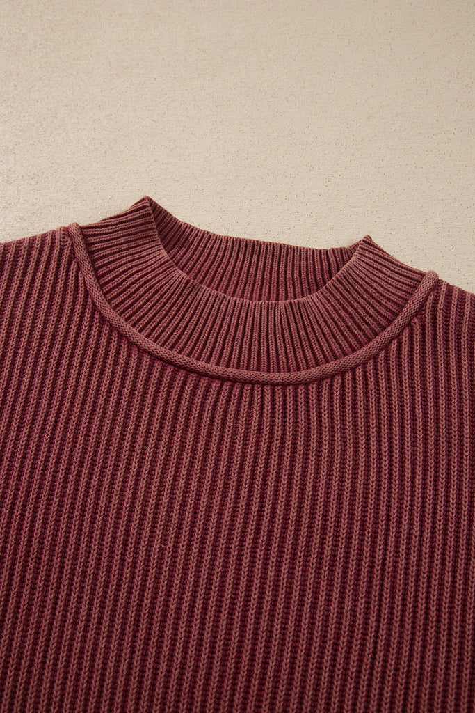 Red Dahlia Drop Shoulder High Neck Ribbed Sweater