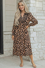 Load image into Gallery viewer, Brown Leopard Print Smocked Detail Flowy Midi Dress