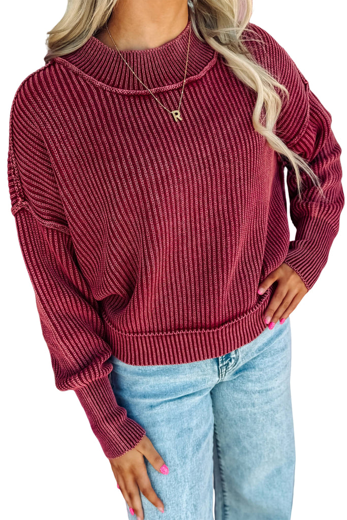 Red Dahlia Drop Shoulder High Neck Ribbed Sweater